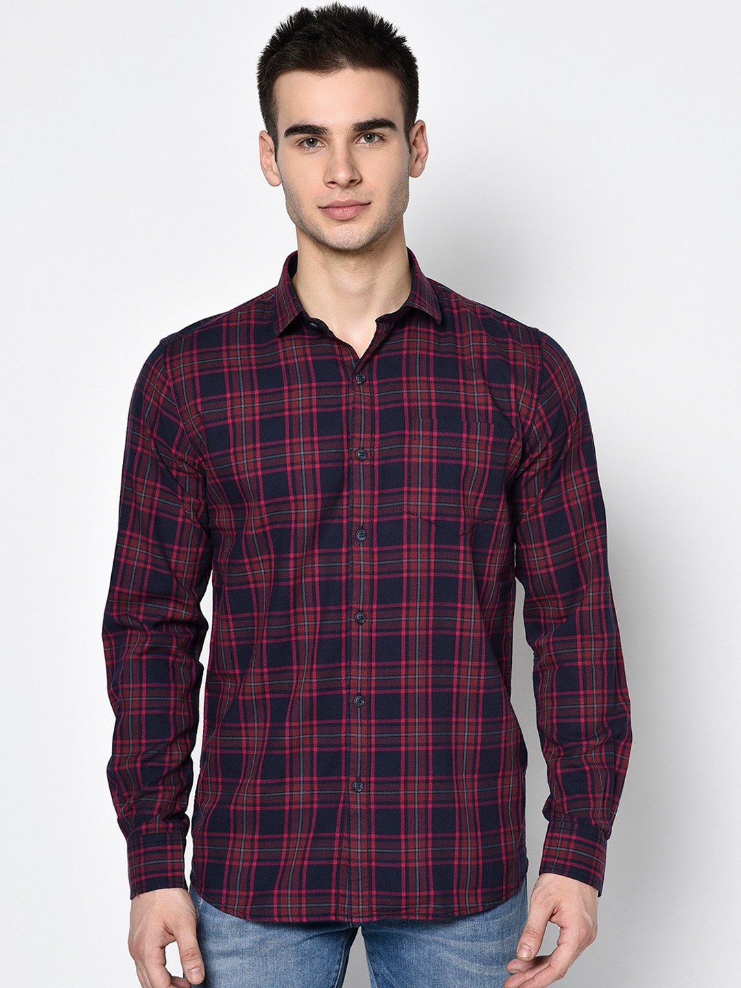 METTLE Men Pink & navy Blue Checked Casual Shirt