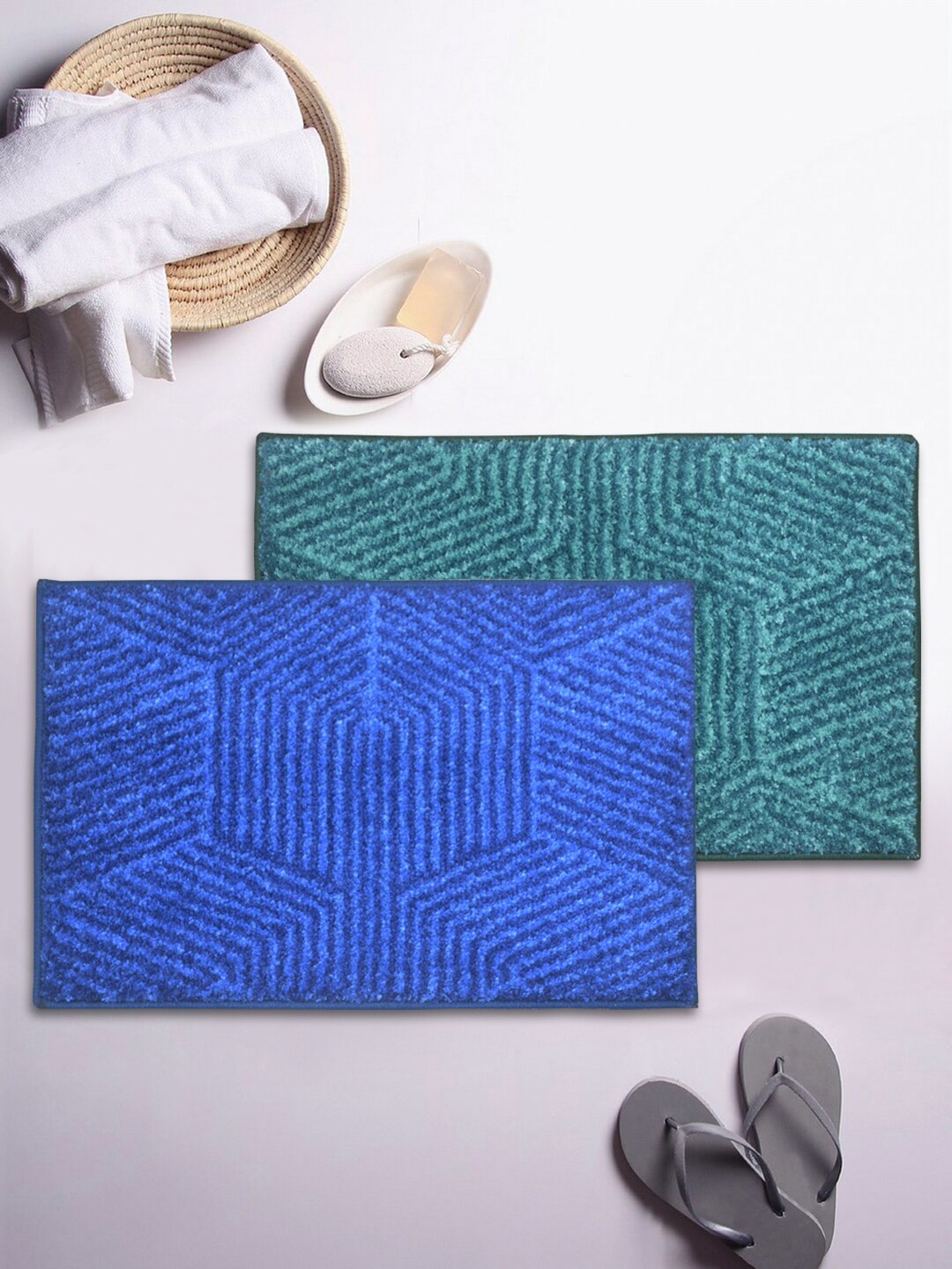 

BIANCA Set Of 2 Textured 1850 GSM Microfibre Anti-Skid Bath Rugs, Blue