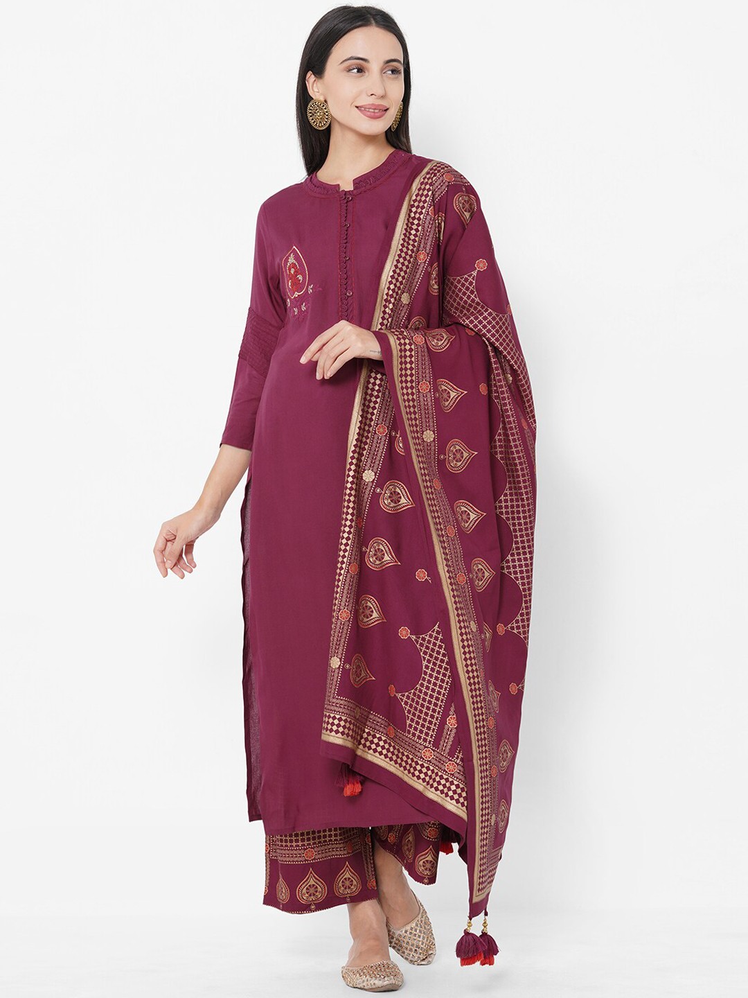 

FASHOR Women Maroon Ethnic Motifs Thread Work Kurta & Palazzos With Foil Printed Dupatta