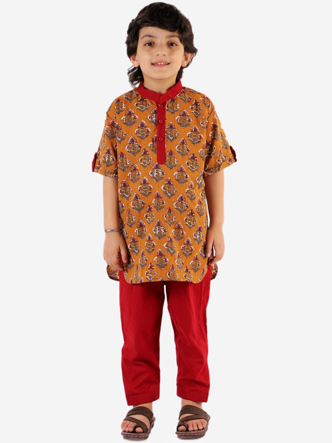 KID1 Boys Mustard Yellow Ethnic Motifs Printed Pure Cotton Kurta with Pyjamas