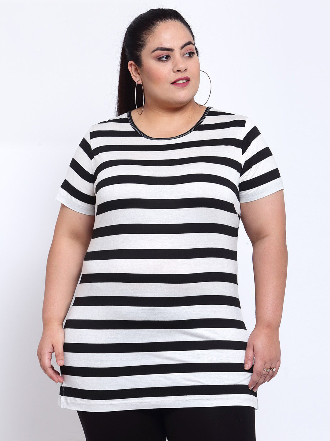 

plusS Women White & Black Striped Monochrome T-shirt