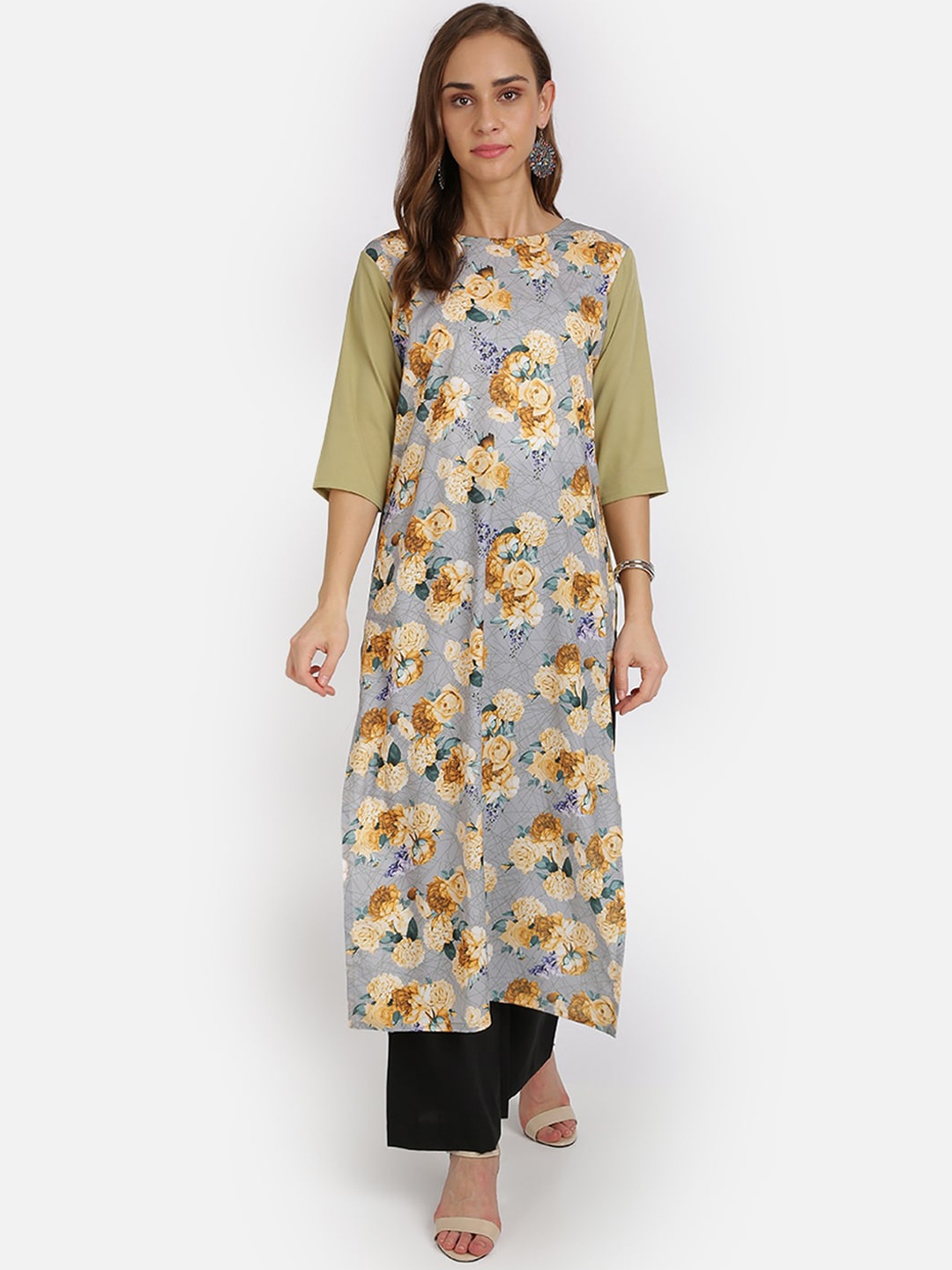 

SAADHVI Women Grey & Yellow Floral Printed Crepe Kurta