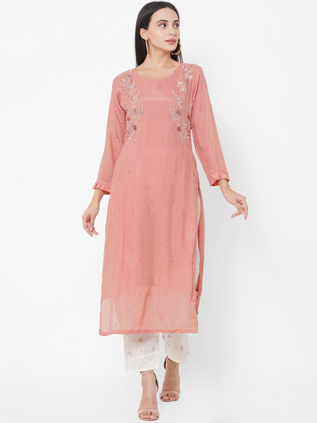 

FASHOR Women Peach-Coloured Embroidered Kurta with Trousers