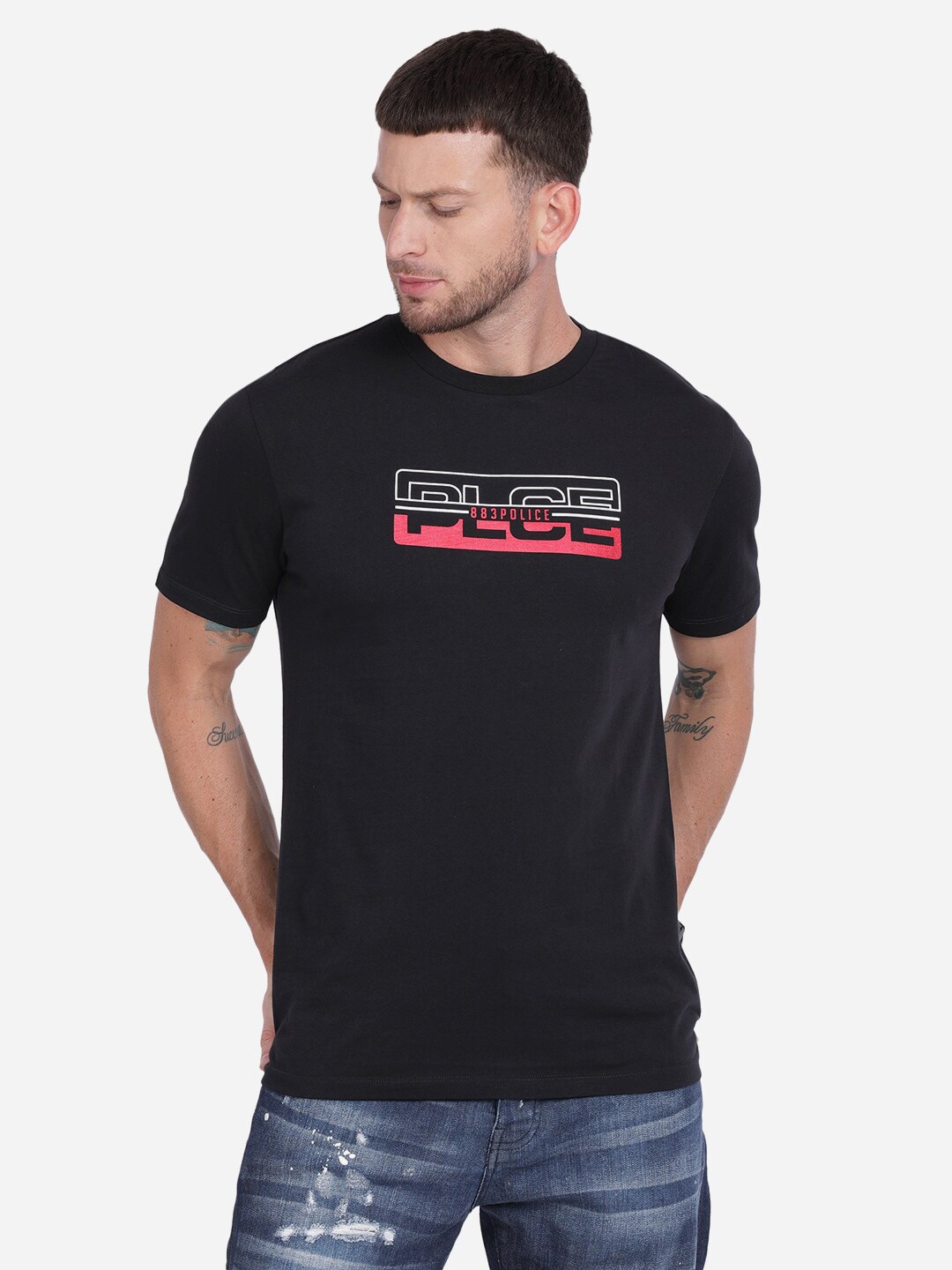 

883 Police Men Black Printed T-shirt