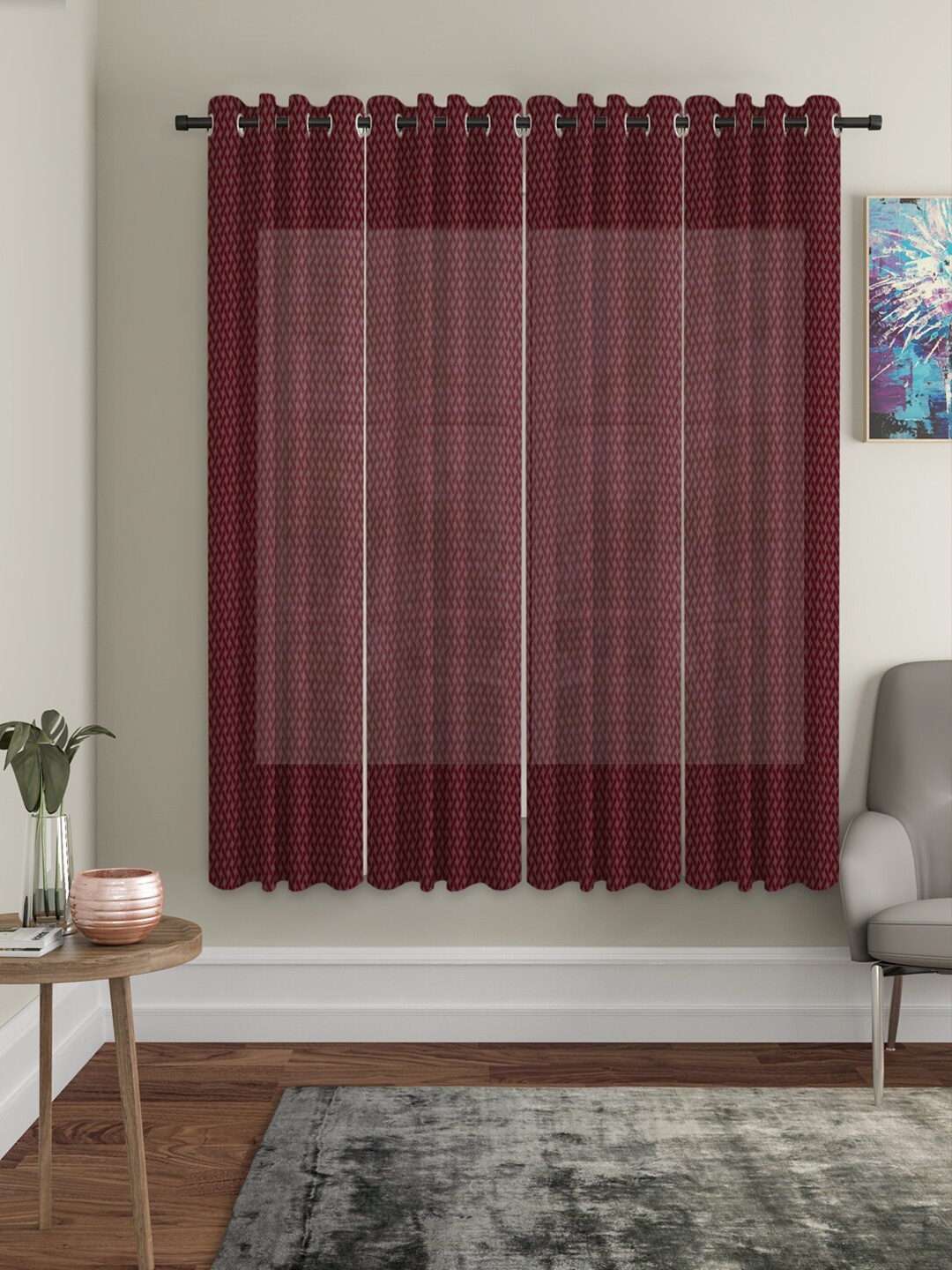 HOSTA HOMES Maroon Set of 4 Geometric Window Curtain