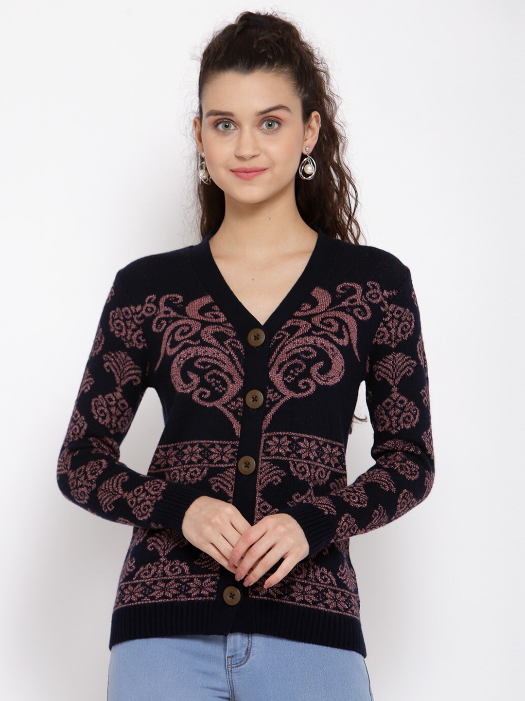 

Kalt Women Black & Mauve Printed Cardigan