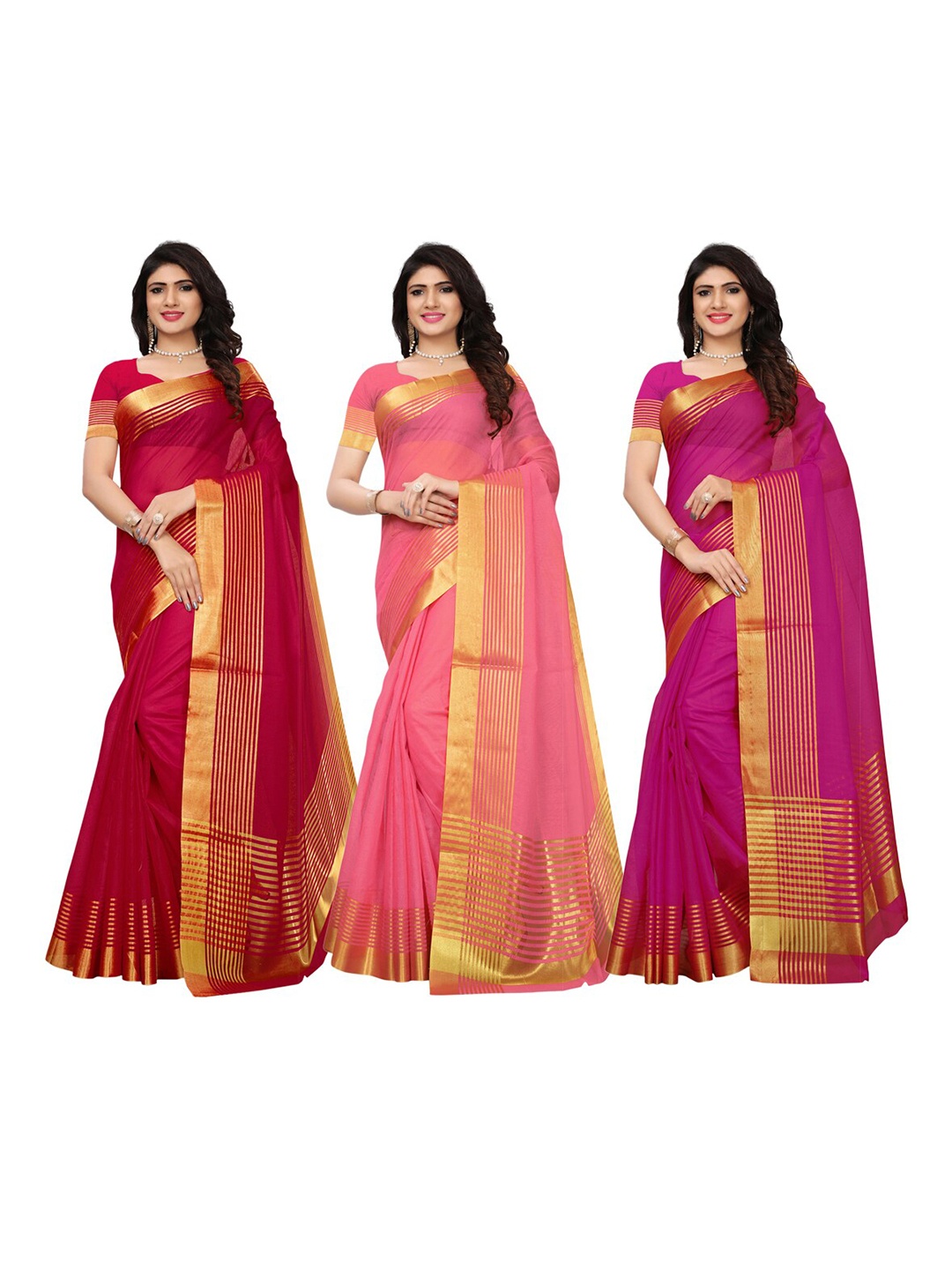 

KALINI Pack of 3 Zari Silk Blend Saree, Red