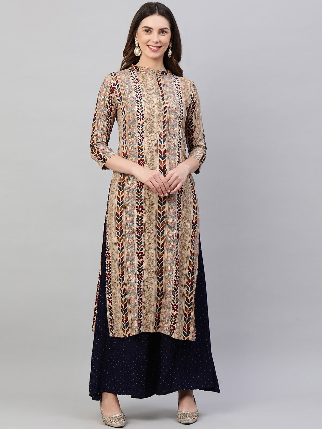 

FASHOR Women Beige Printed Kantha Work Kurta