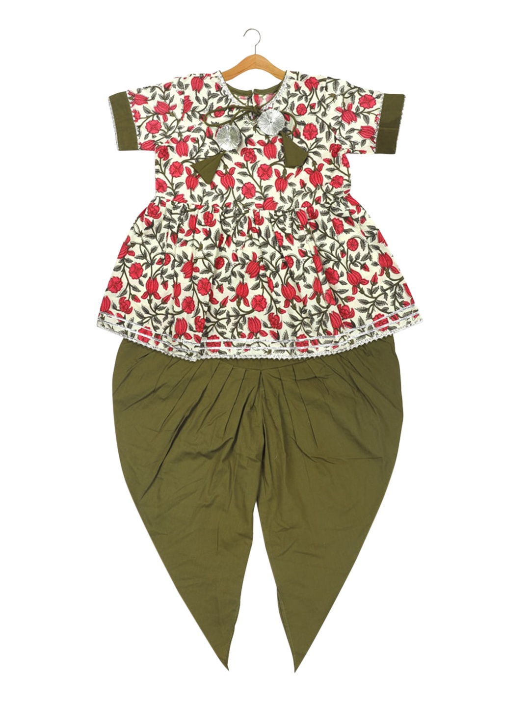 

LIL PITAARA Girls Green Ethnic Motifs Printed Pure Cotton Kurti with Dhoti Pants