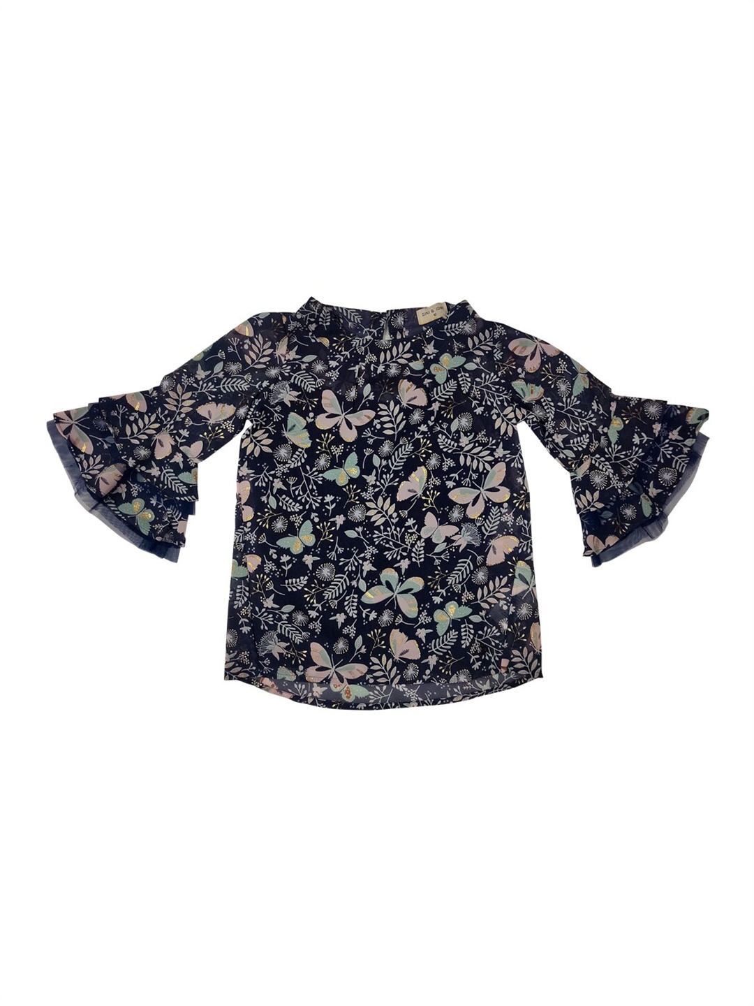 Gini and Jony Girls Blue Printed Bell Sleeve High Neck High Low Top