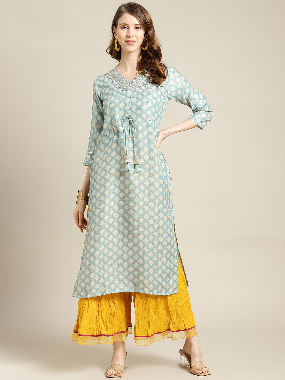

Varanga Women Turquoise Blue & White Ethnic Motifs Printed Kurta