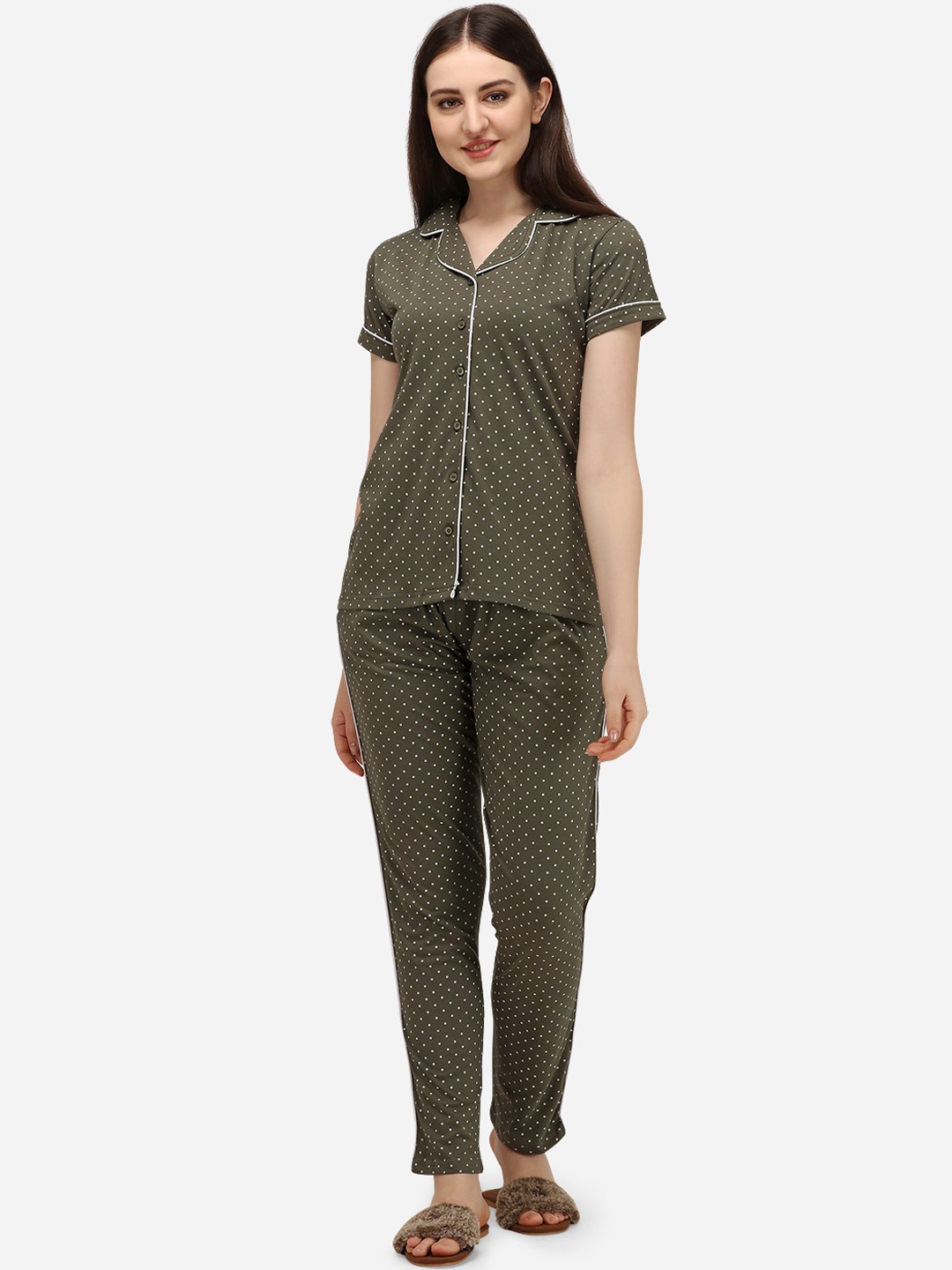 

Lenissa Women Olive Green & White Polka Dots Printed Pyjama Set