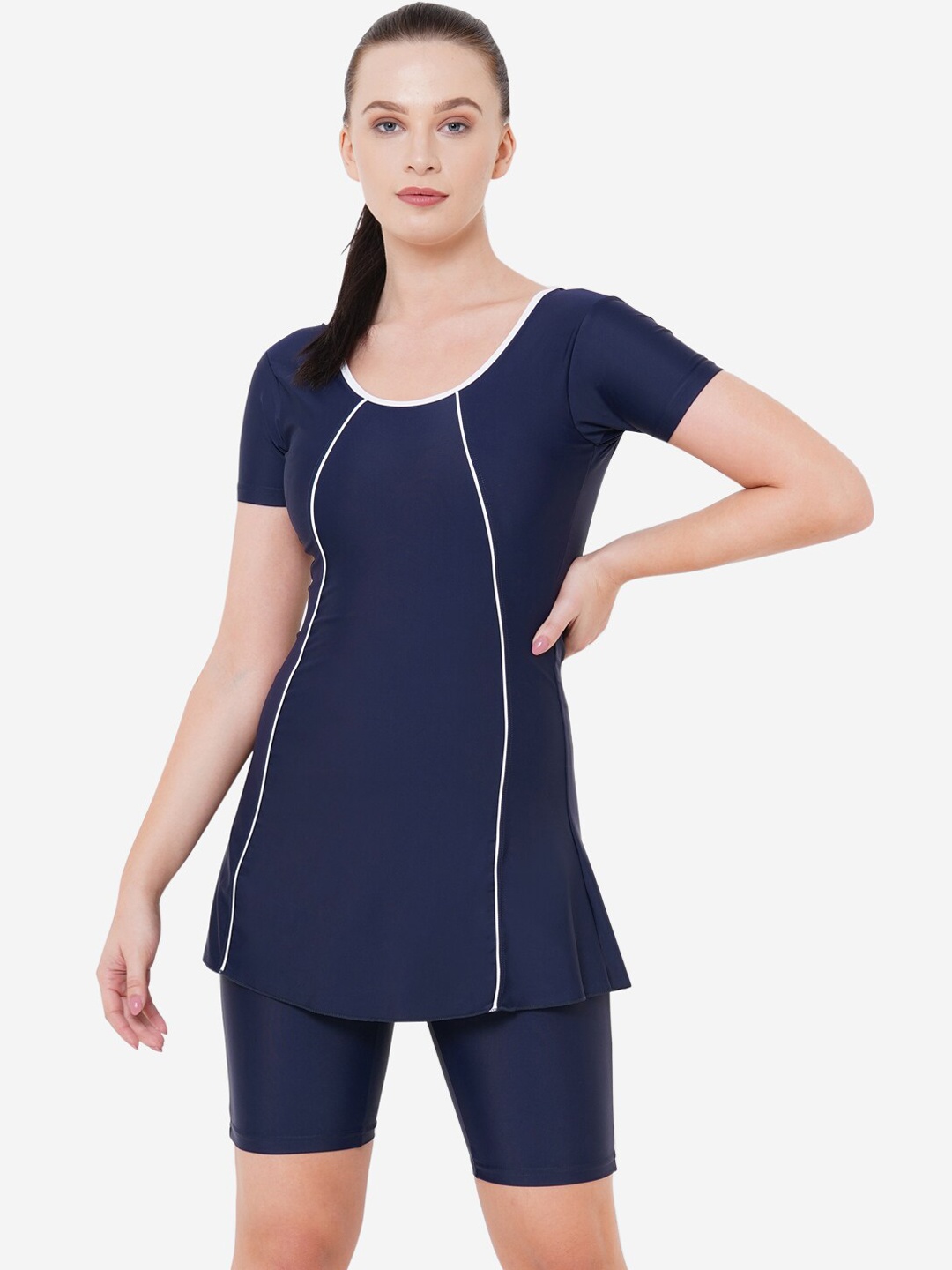 

VELOZ Women Navy Blue Solid Frock-Style Swimming Dress