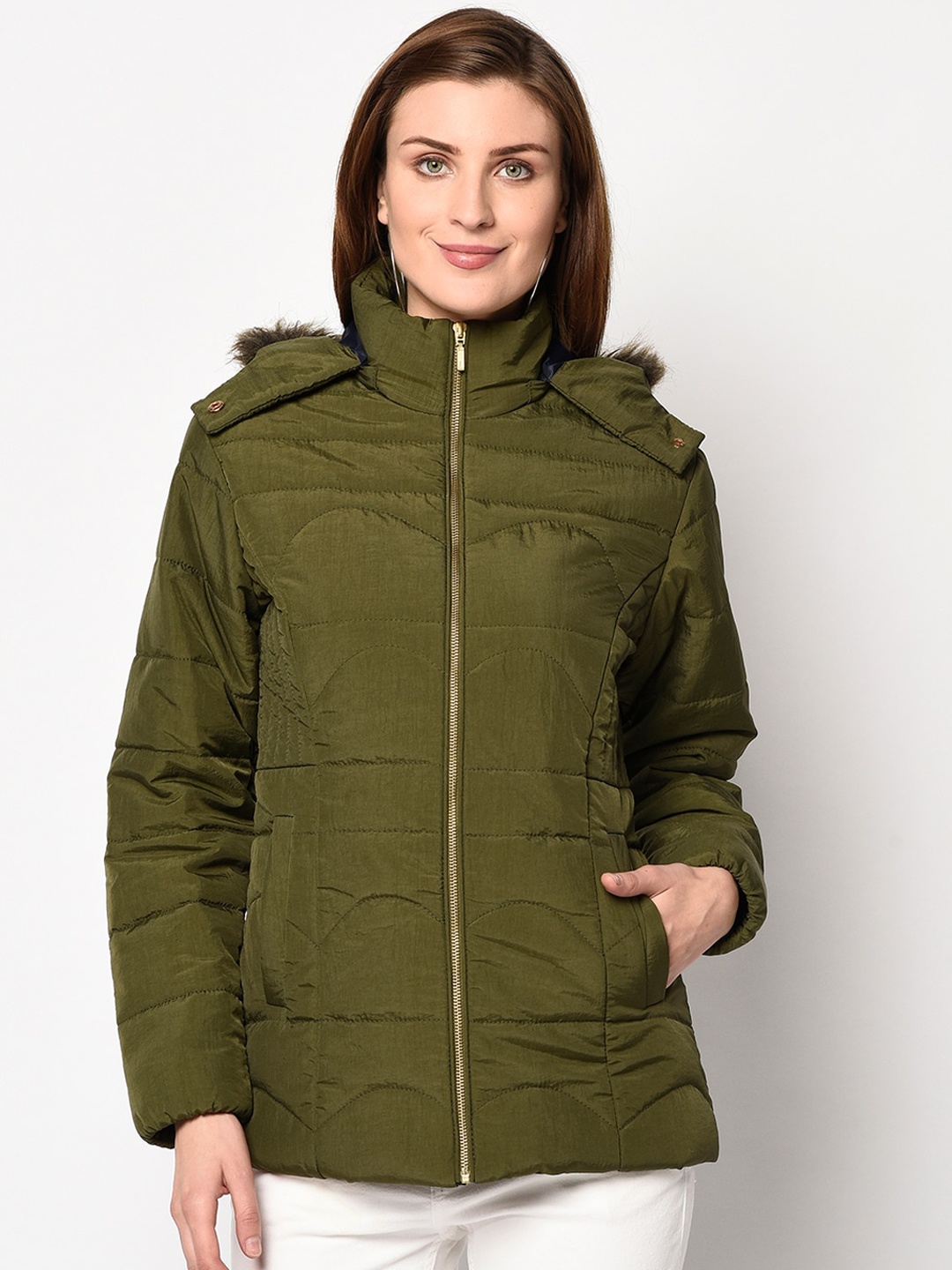 

Spirit Women Olive Green Regular Hooded Jacket
