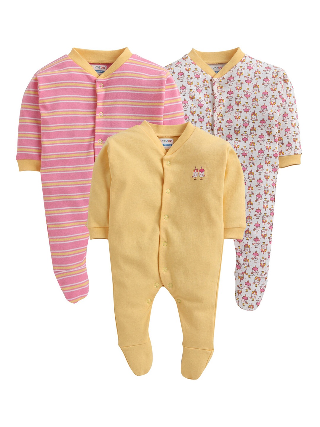 

BUMZEE Infant Girls Pack Of 3 Printed Cotton Sleepsuits, Yellow