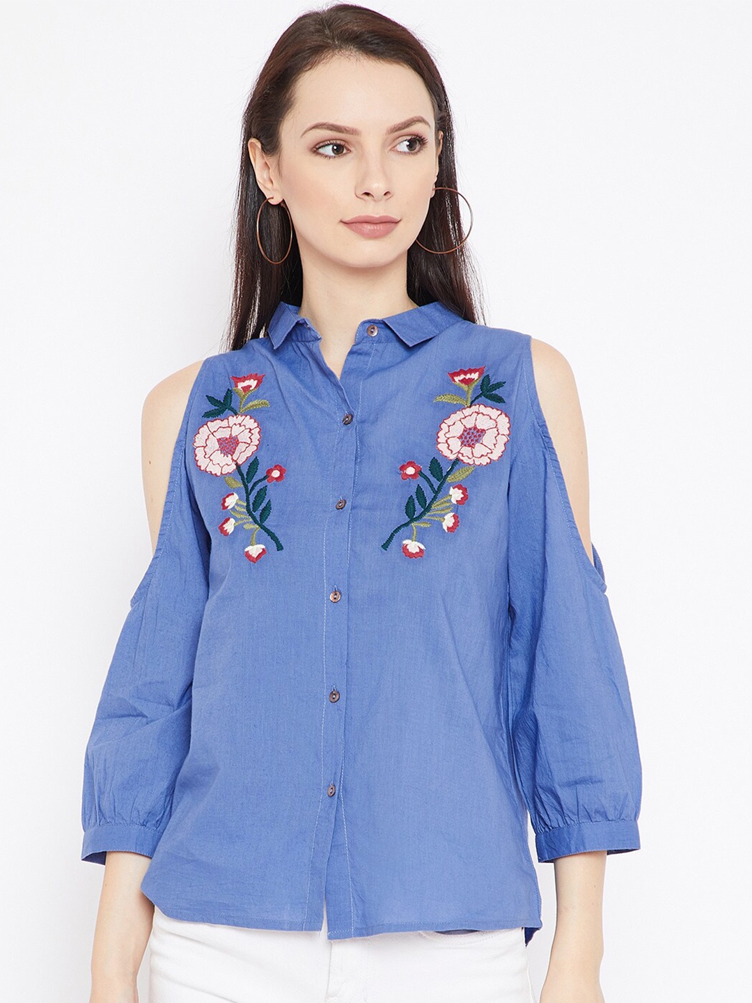 

Vaak Women Blue Pure Cotton Floral Embroidered Shirt Style Top