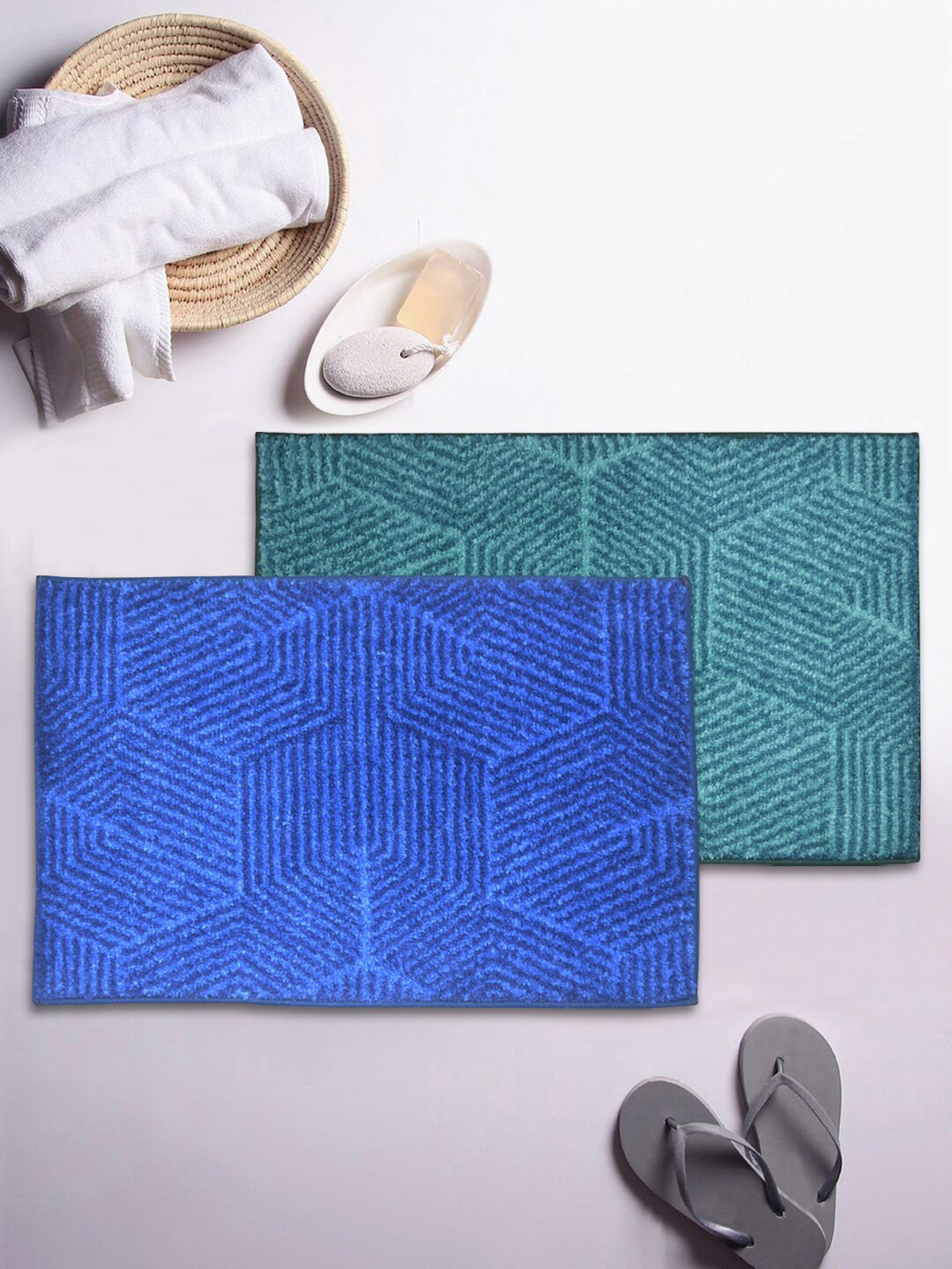 

BIANCA Set Of 2 Textured Microfibre Anti-Slip Bath Rugs, Blue