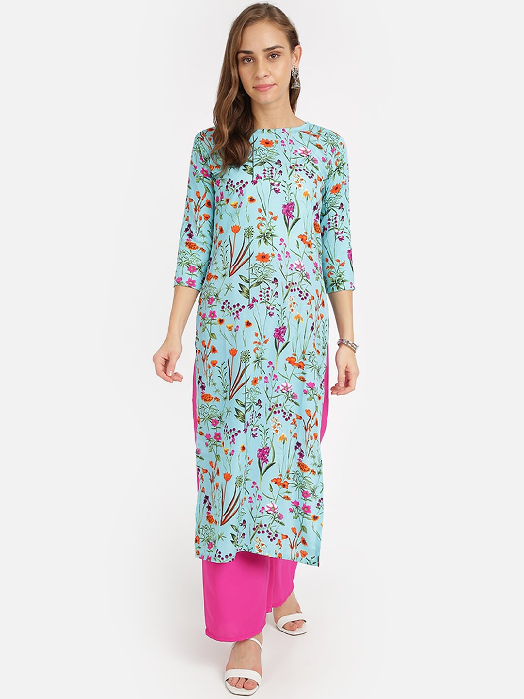 

SAADHVI Women Turquoise Blue & Orange Floral Printed Crepe Kurta