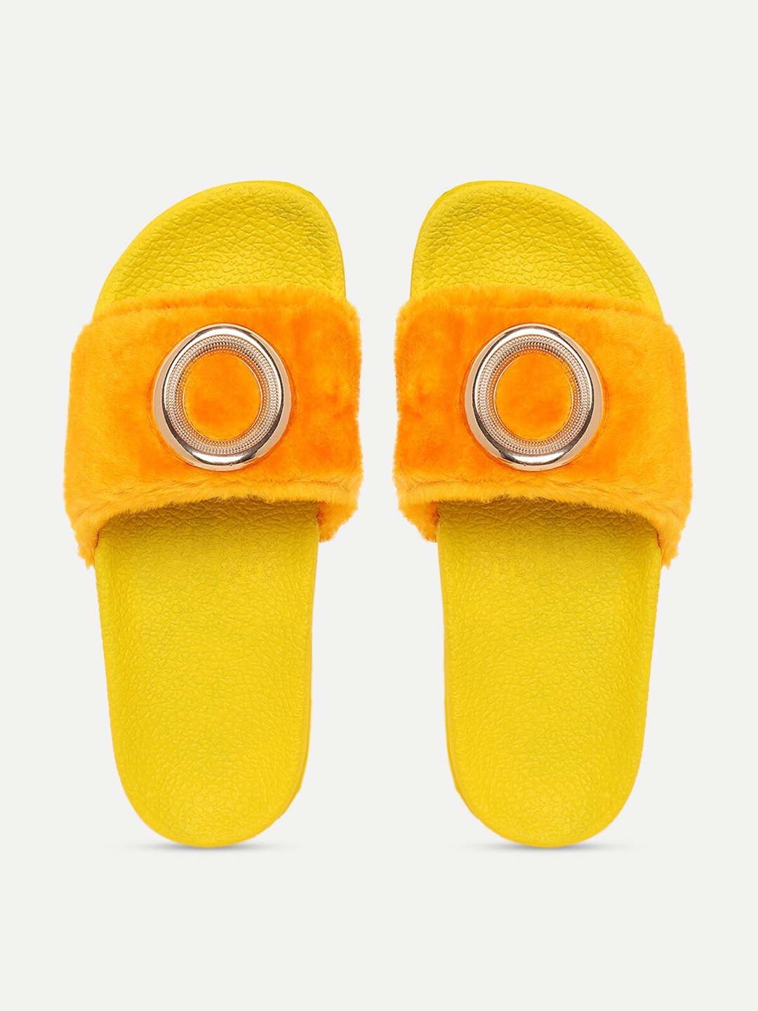 

FREECO Women Yellow & Gold-Toned Embellished Sliders
