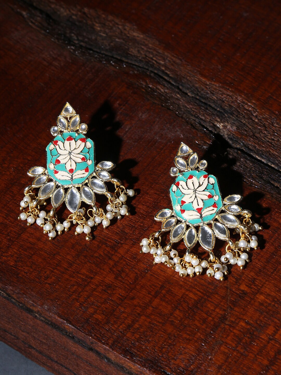 

OOMPH Green & Gold-Toned Contemporary Drop Earrings