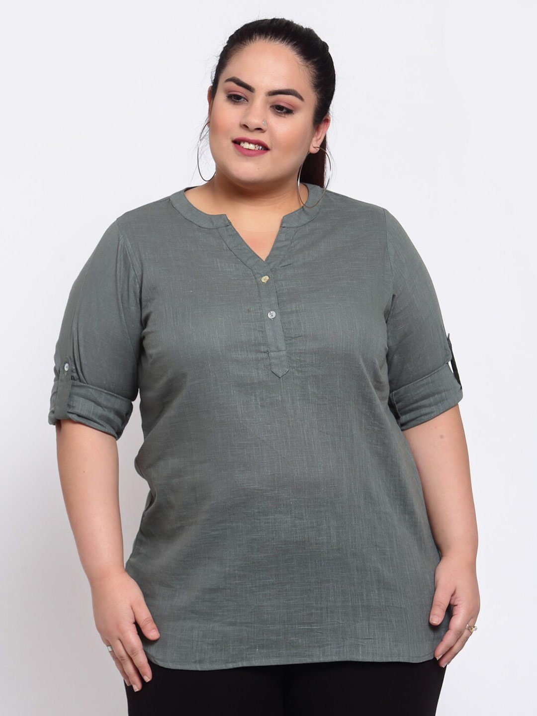 plusS Green Mandarin Collar Regular Top