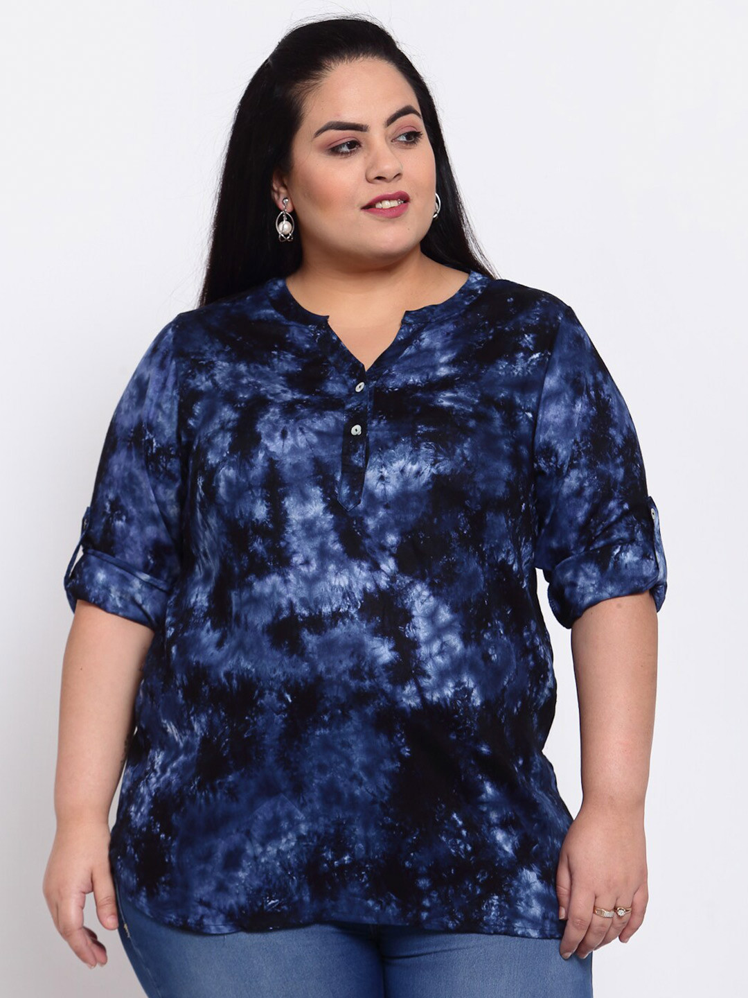 

plusS Women Navy Blue Tie & Dye Shirt Style Top