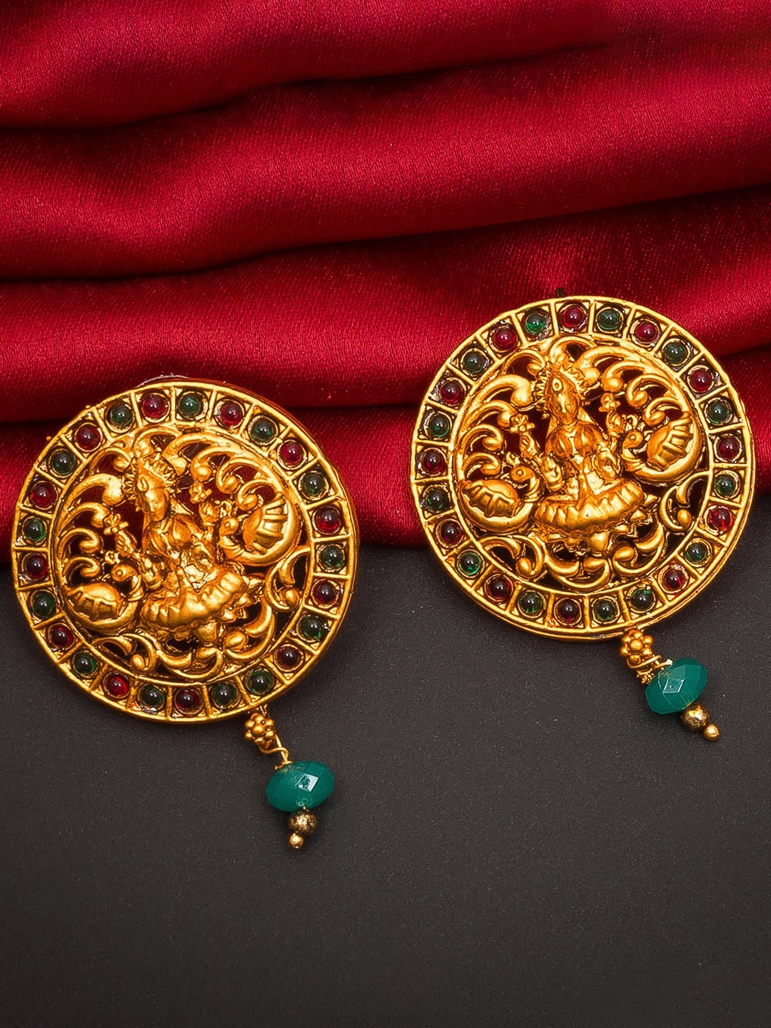 

aadita Women Gold-Toned & Red Circular Goddess Lakshami designed Temple Drop Earrings