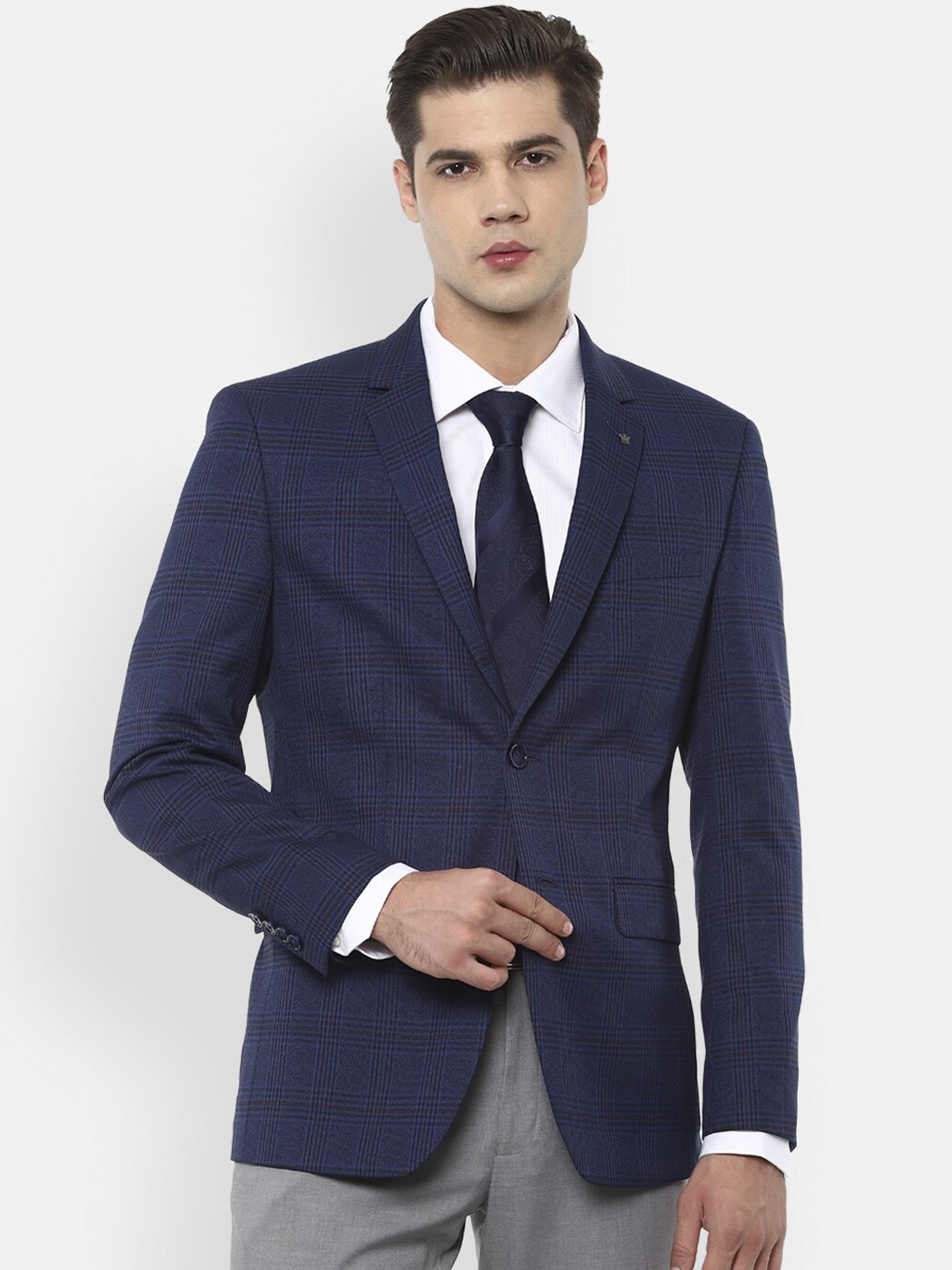 

Louis Philippe Men Navy Blue & Brown Checked Slim-Fit Single-Breasted Formal Blazer