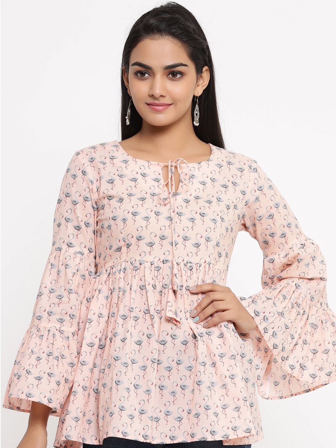 

FABRIC FITOOR Peach-Coloured & Grey Tie-Up Neck Bell Sleeve Cotton Empire Top