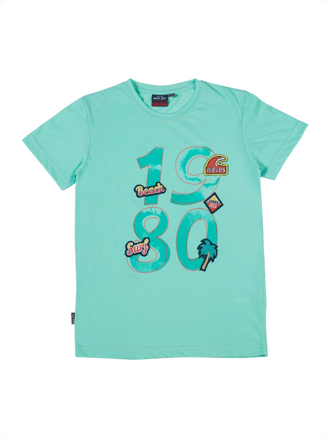 

Gini and Jony Boys Sea Green Pure Cotton Printed Applique Pure Cotton T-shirt