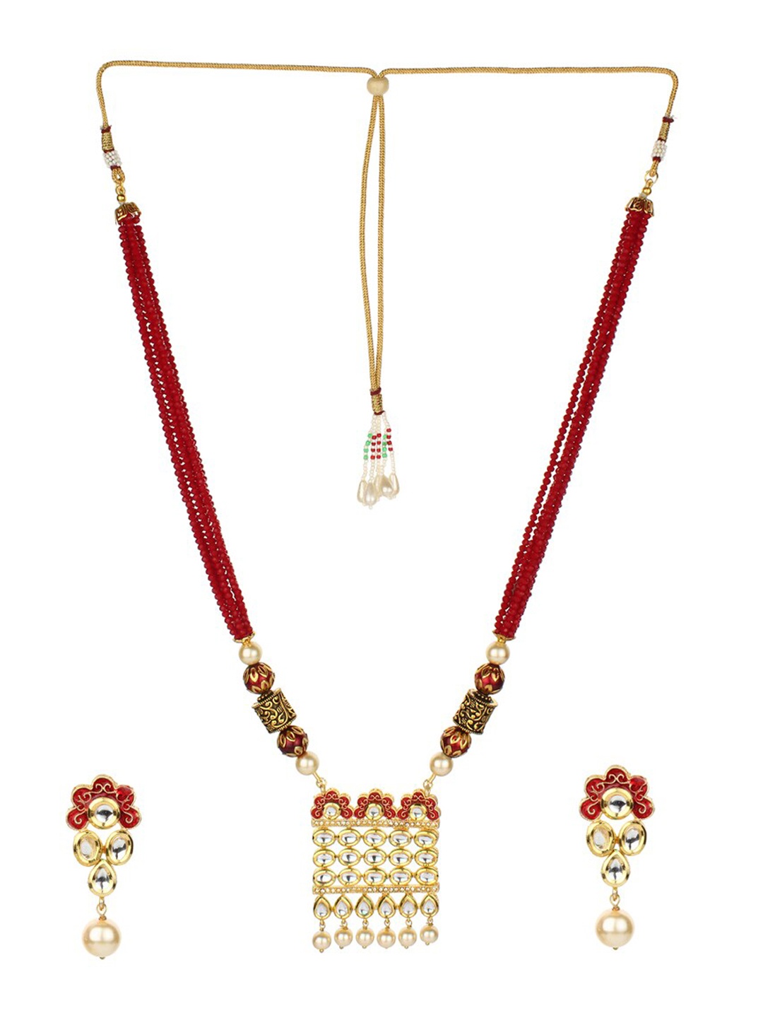 

Runjhun Gold-Plated Maroon & White Kundan-Studded Jaipuri Jewellery Set