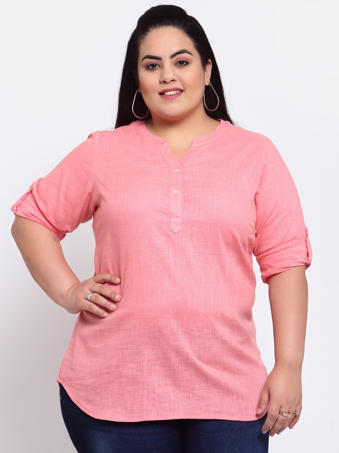 

plusS Coral Pink Mandarin Collar Regular Top