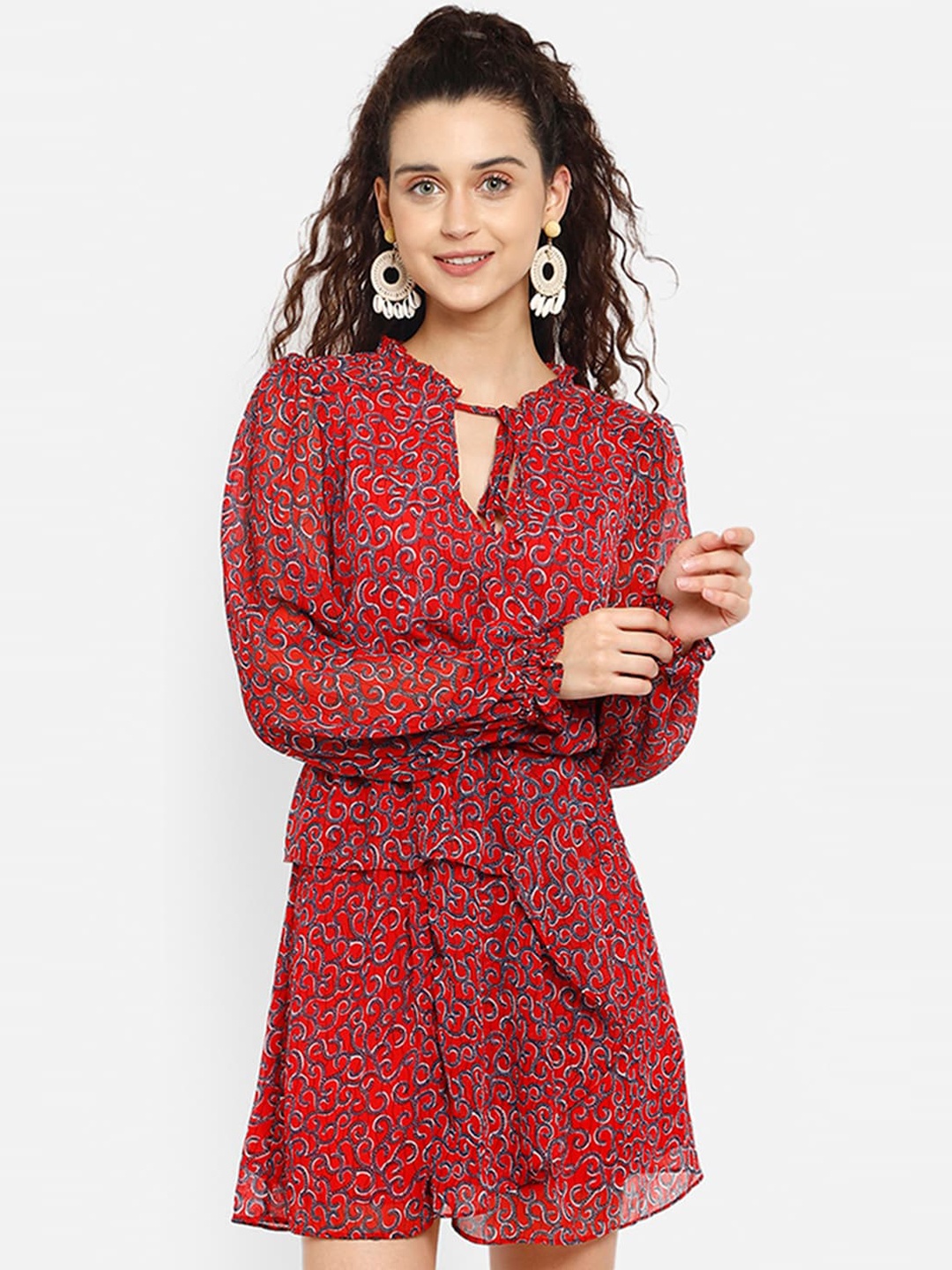 

Aditi Wasan Women Red Floral Tie-Up Neck Mini Dress