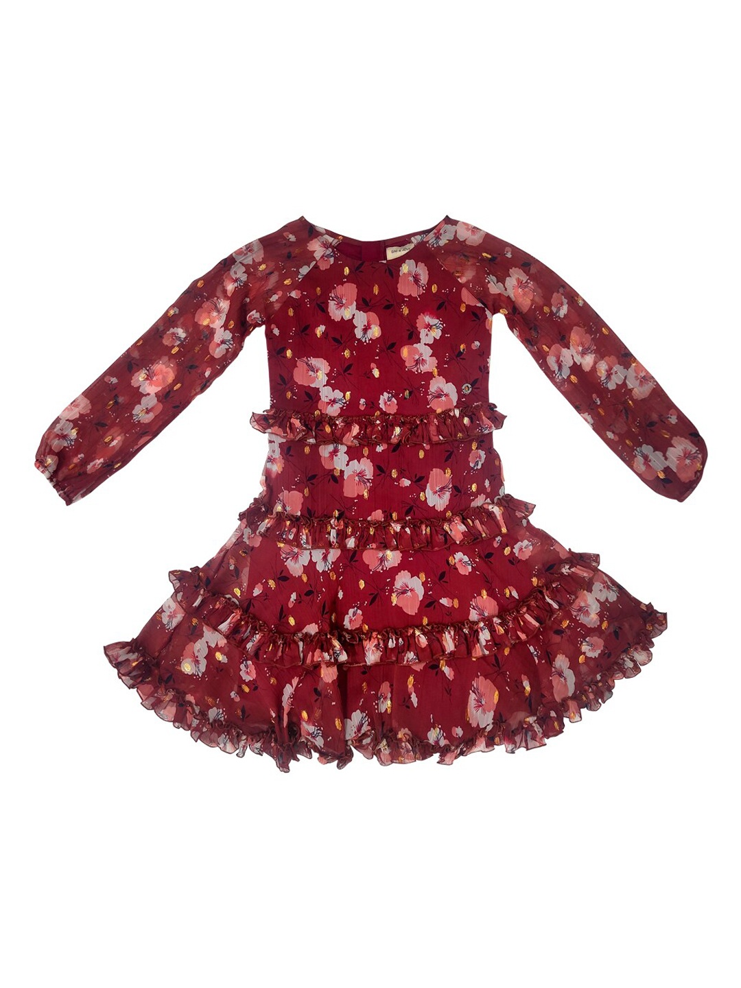 

Gini and Jony Girls Maroon Floral Printed Ruffles Knee Length Dress