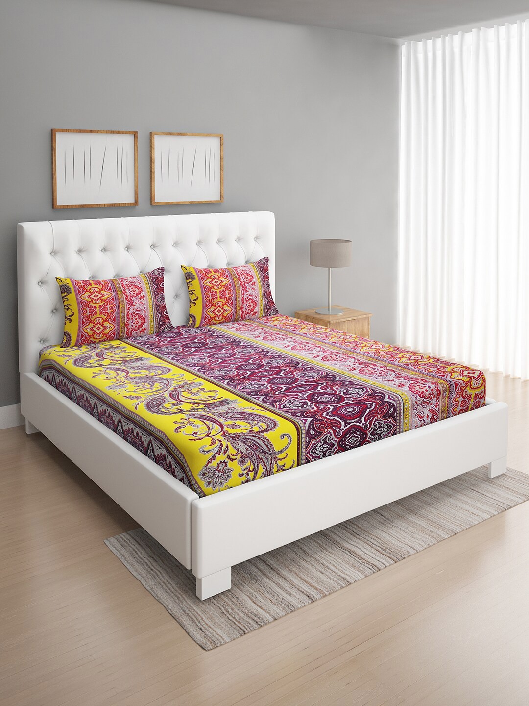 

ROMEE Yellow & Red Ethnic Motifs 144 TC Queen Bedsheet with 2 Pillow Covers