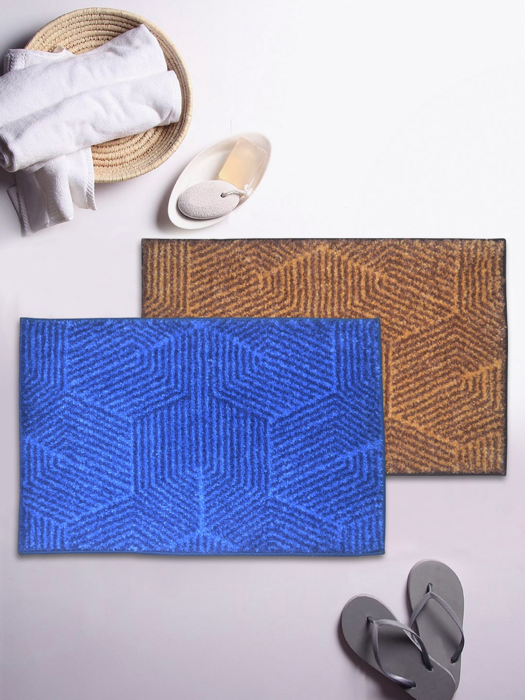 

BIANCA Set Of 2 Textured Microfibre 1850 GSM Anti-Skid Bath Rugs, Blue