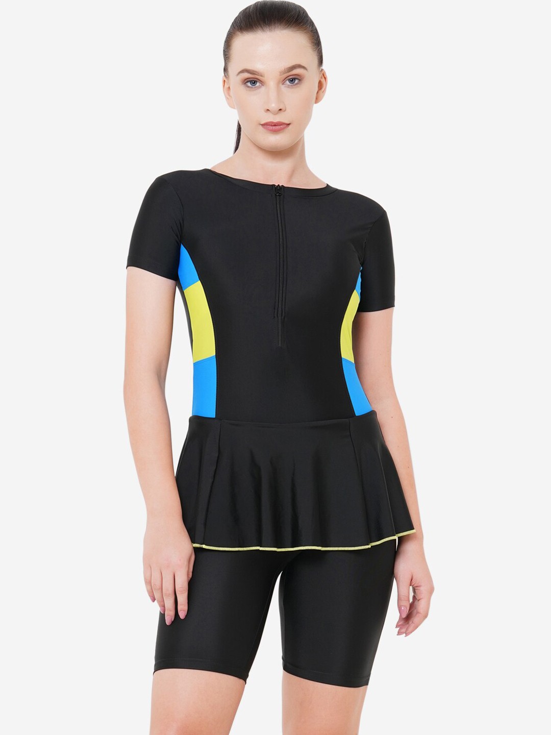 

VELOZ Women Black Solid Frock-Style Swimming Dress