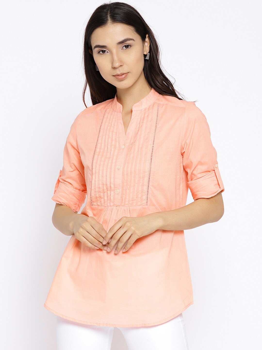 Vaak Peach-Coloured Mandarin Collar Pure Cotton Pintuck Shirt Style Top