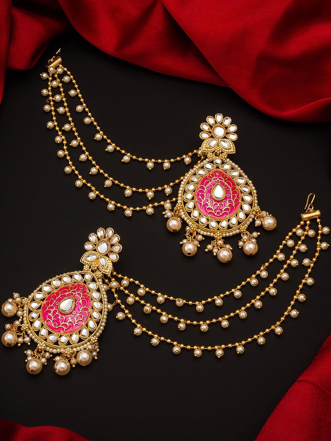 

aadita Gold-Toned & Pink Teardrop Shaped Drop Earrings with Hair-chain