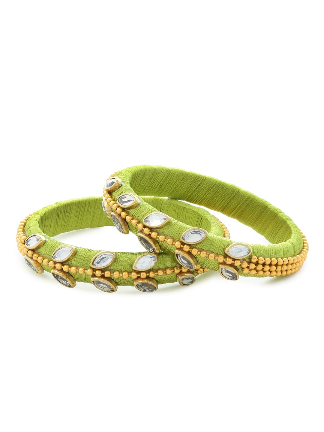 

AKSHARA Set Of 2 Green & White Kundan-Studded Handcrafted Bangles