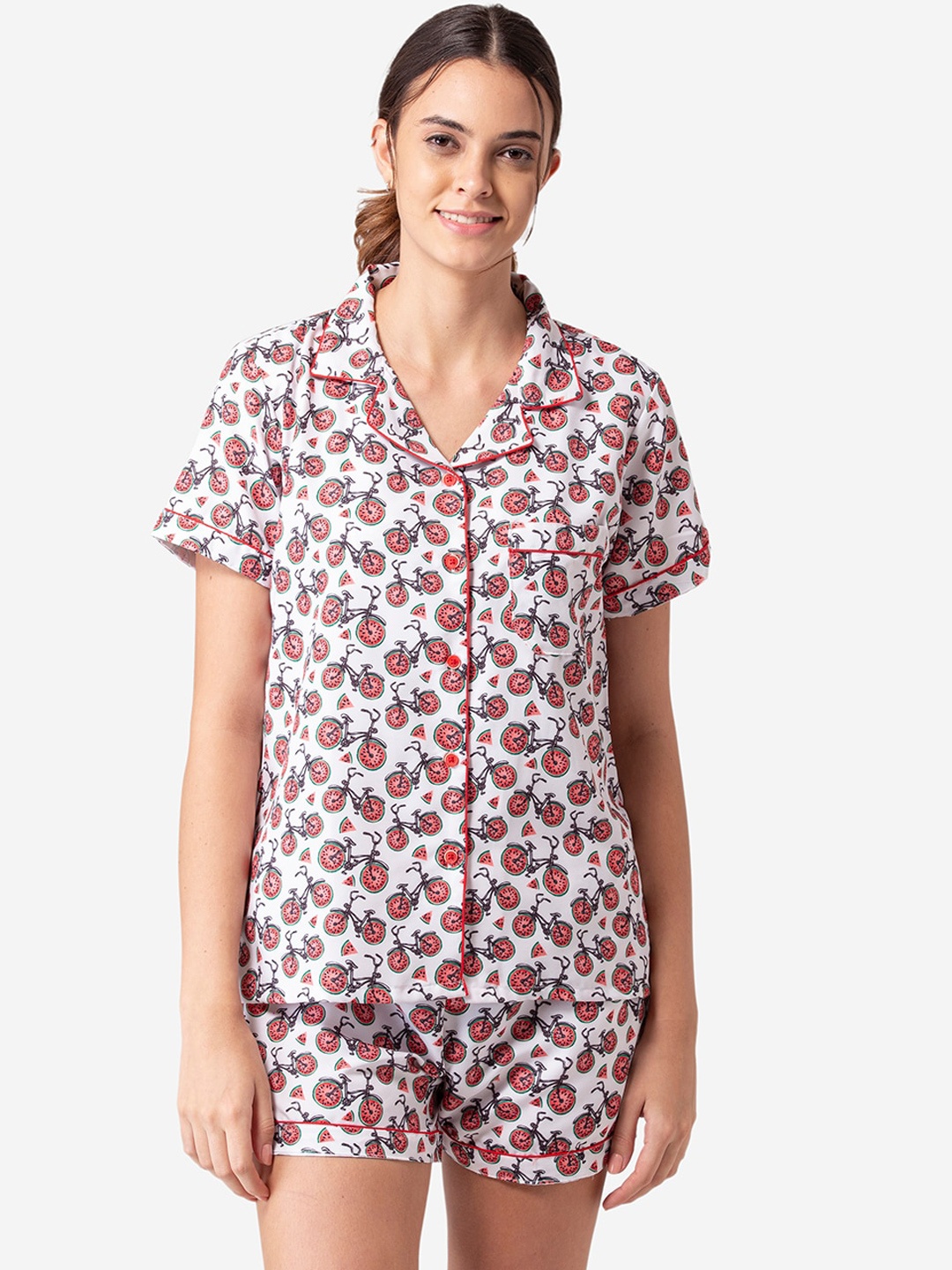

Bellofox Women White & Red Printed Night suit