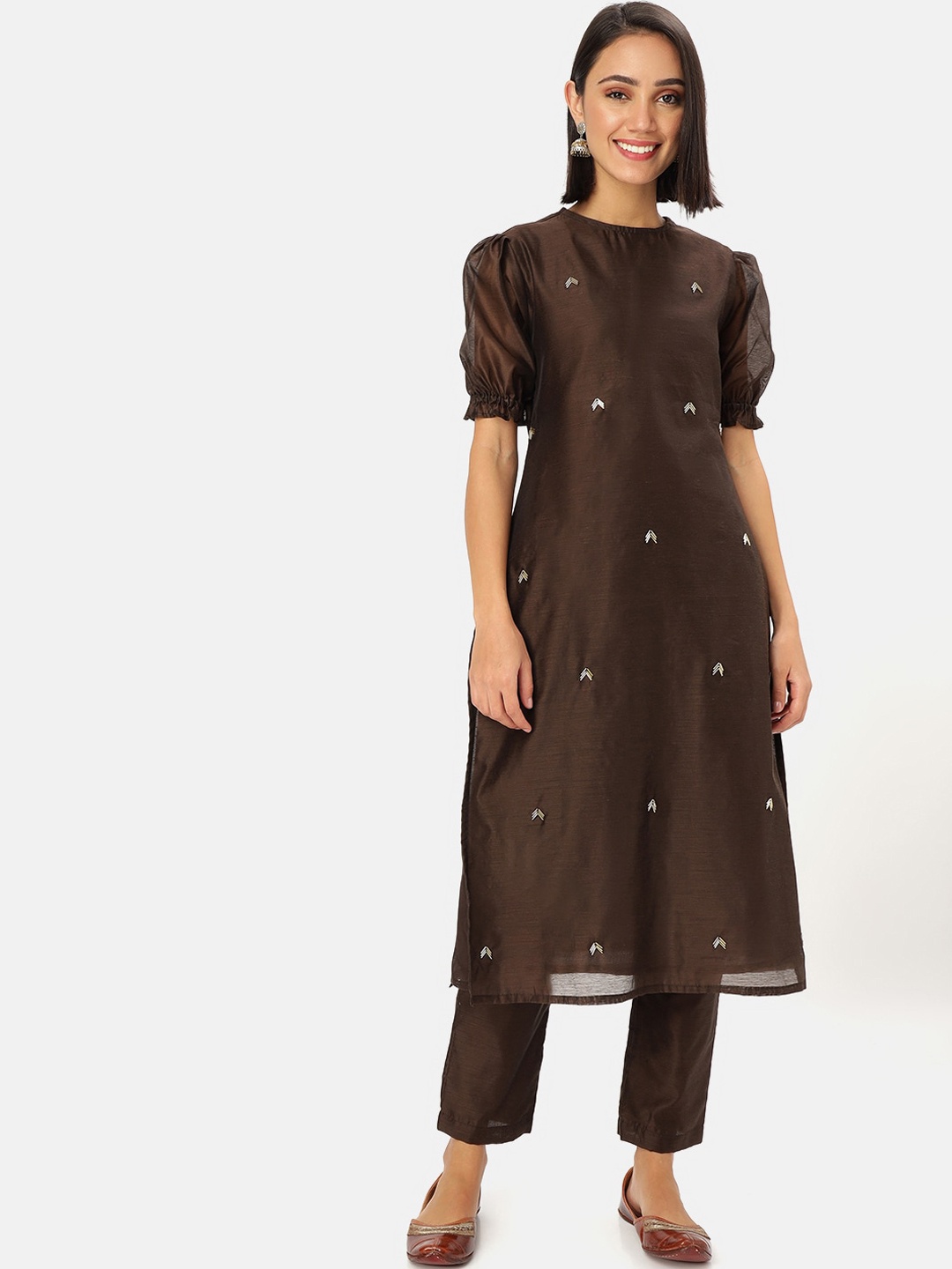 

Saaki Women Brown Chanderi Cotton Kurta with Trousers