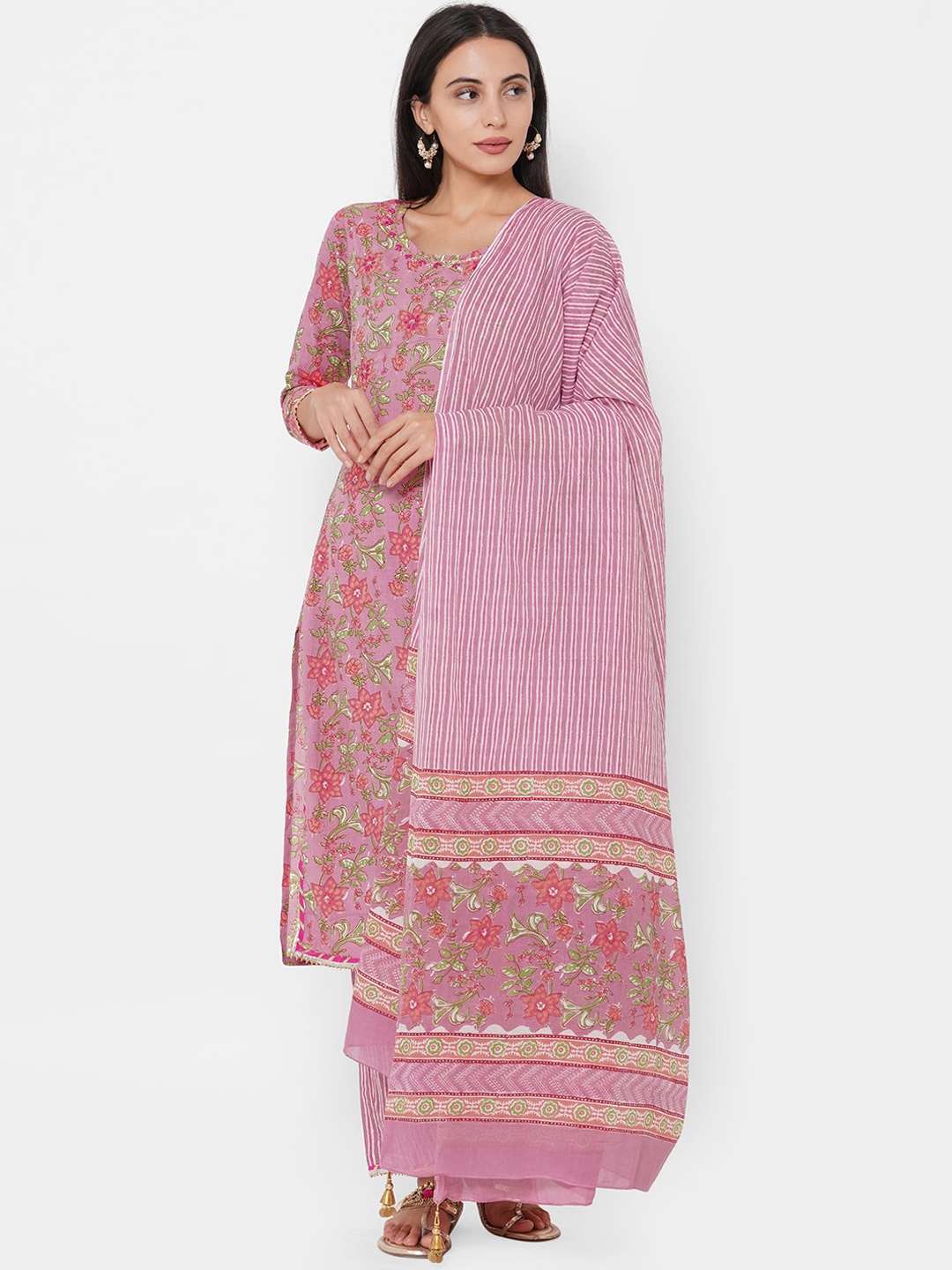 

FASHOR Women Pink Floral Printed Pure Cotton Kurta with Trousers & With Dupatta
