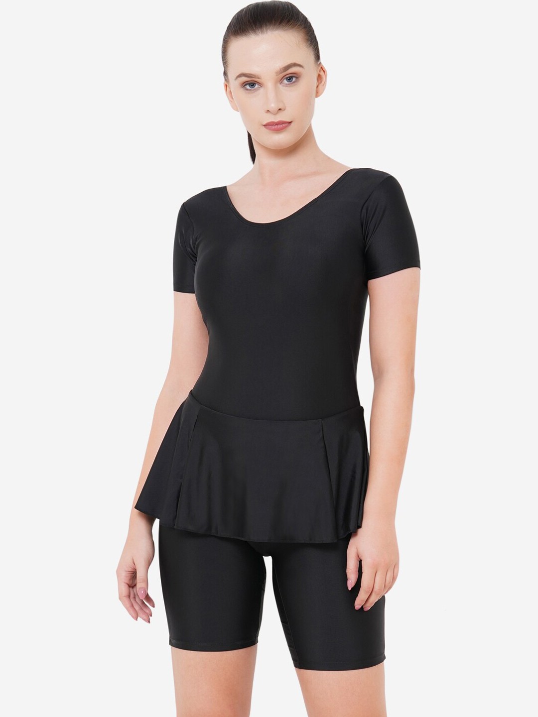 VELOZ Women Black Solid Swimming Dress With Attached Tights
