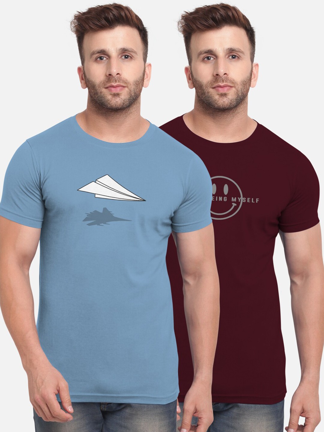 

BULLMER Men Pack Of 2 Burgundy Blue Printed Bio Finish Pure Cotton T-shirt