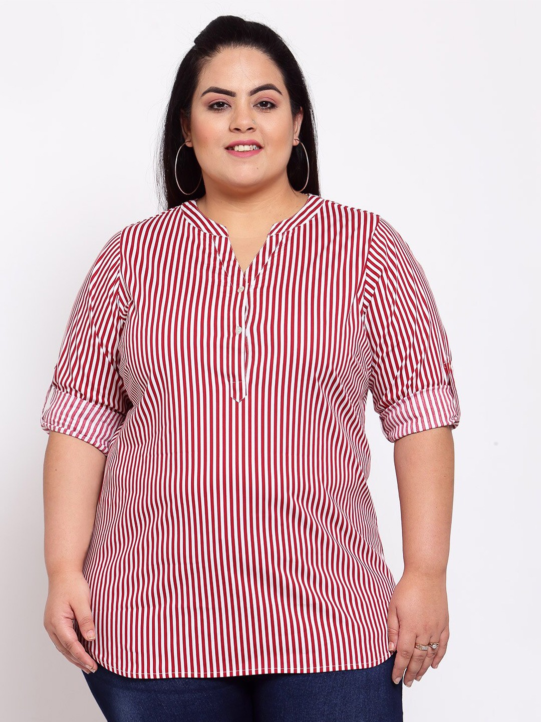 

plusS Red & White Mandarin Collar Shirt Style Top