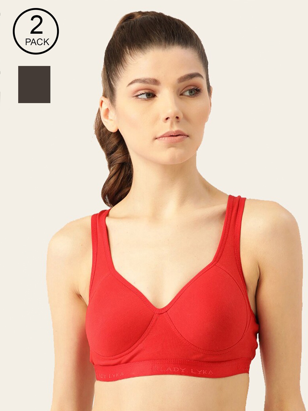 Lady Lyka Pack of 2 Red & Black Workout Bra Full Coverage Lightly Padded