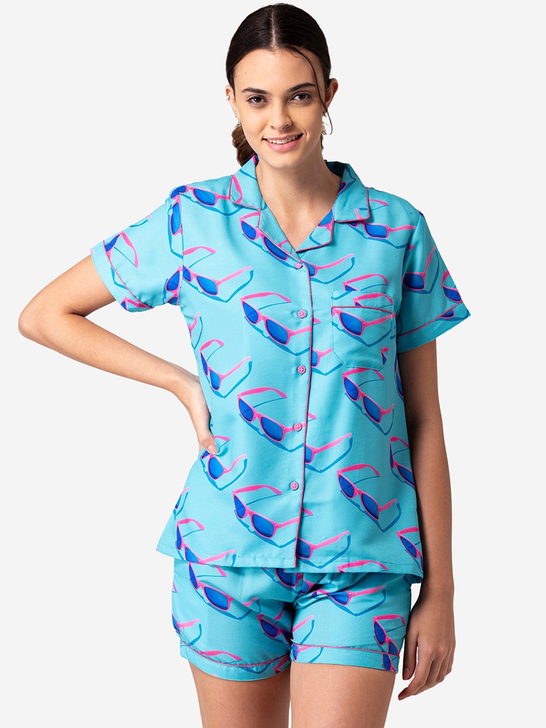 

Bellofox Women Blue & Pink Printed Night suit