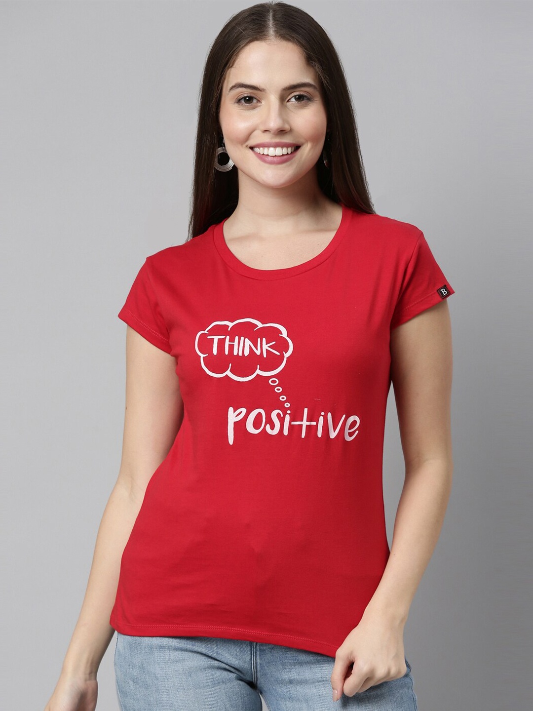 

Bushirt Women Red White Typography Printed Pure Cotton T-shirt