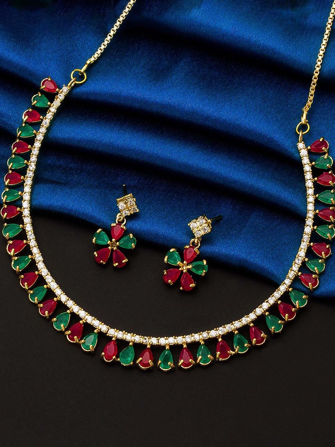 

aadita Gold-Plated Magenta-Pink & White AD-Studded Temple Jewellery Set